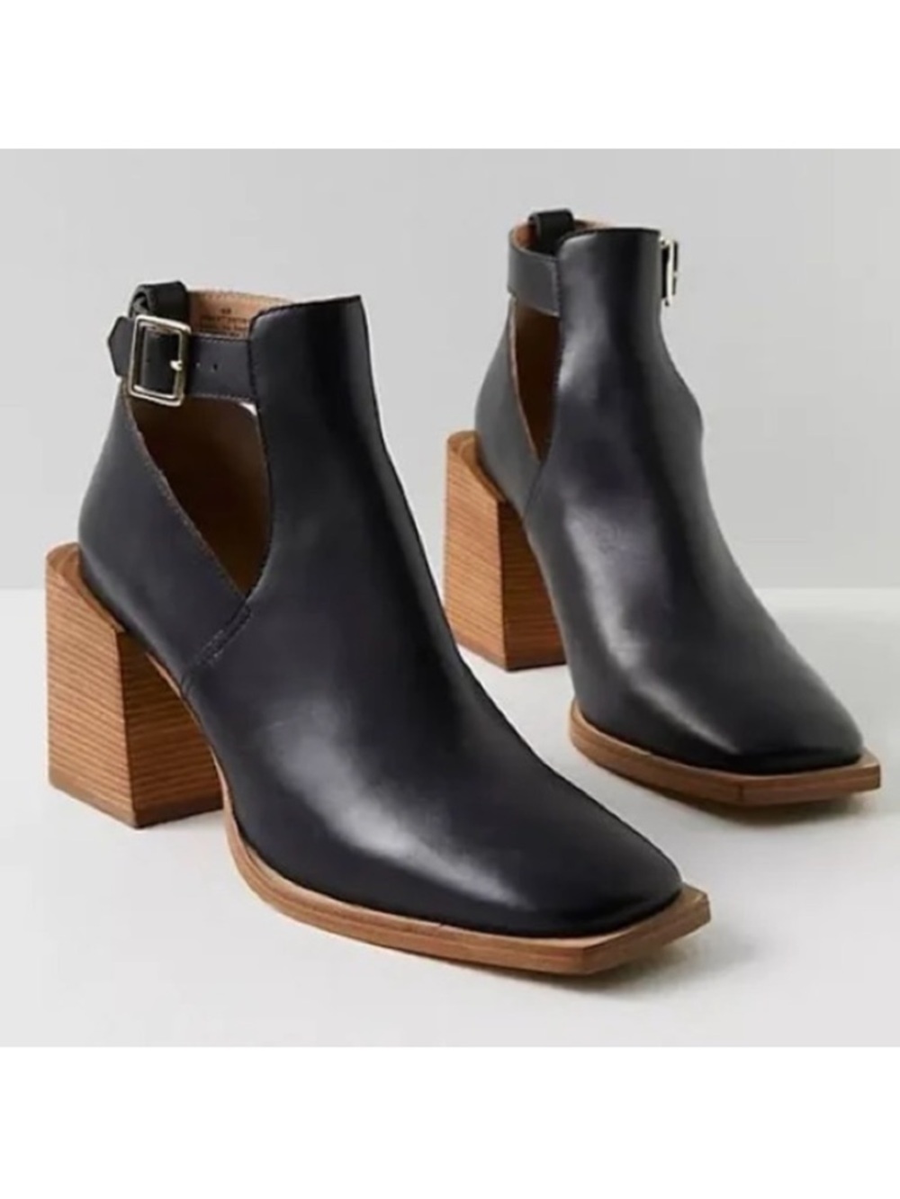 Free People Brady Buckle Black Leather Stacked Block Heel Ankle Booties 41 $140